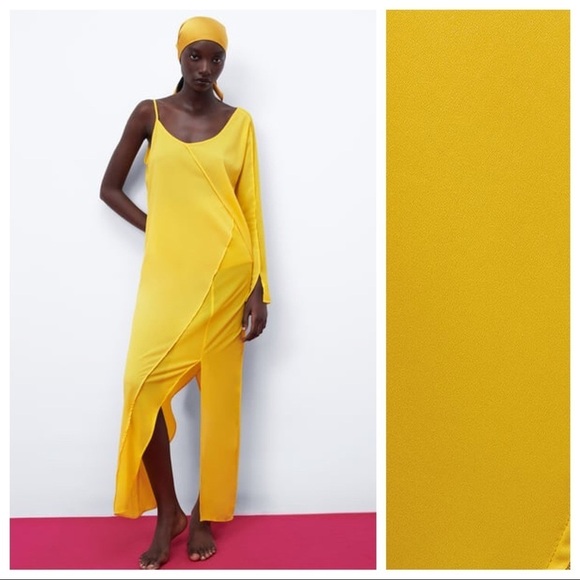 NWOT. Zara Yellow Asymmetric Chiffon Midi Dress. Size S. - Picture 1 of 9
